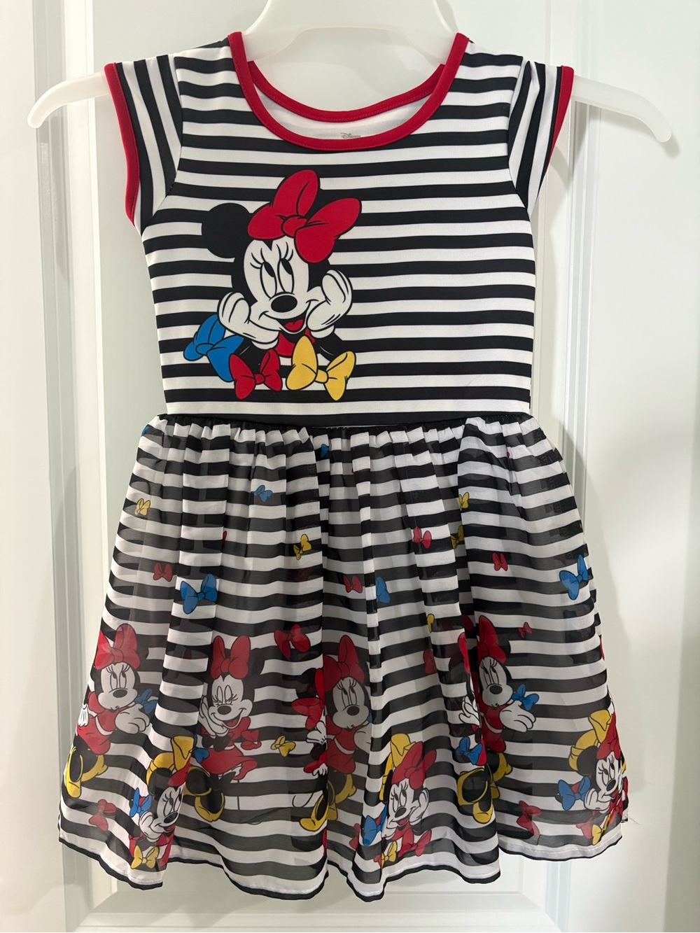 Disney Black & White Striped Minnie Mouse Dress with Red Trim and Colorful Bows